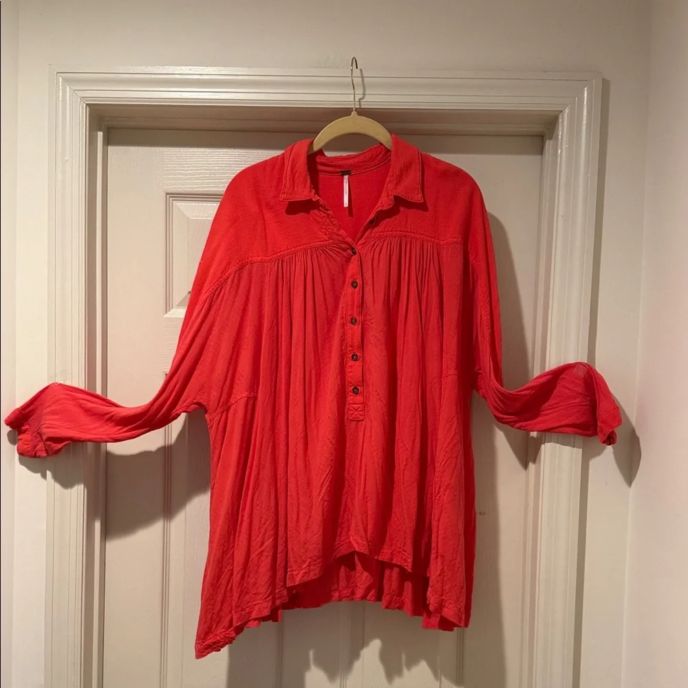 Free People Vibrant Oversized Drape button down Long Sleeve Tunic Beach Cover Up